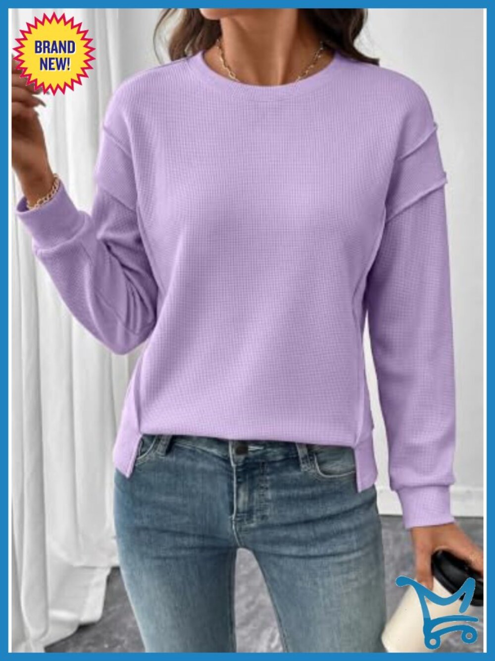Crew Neck Sweatshirt Loose Side Split Pullover Tops Long Sleeve - Picture 2 of 6